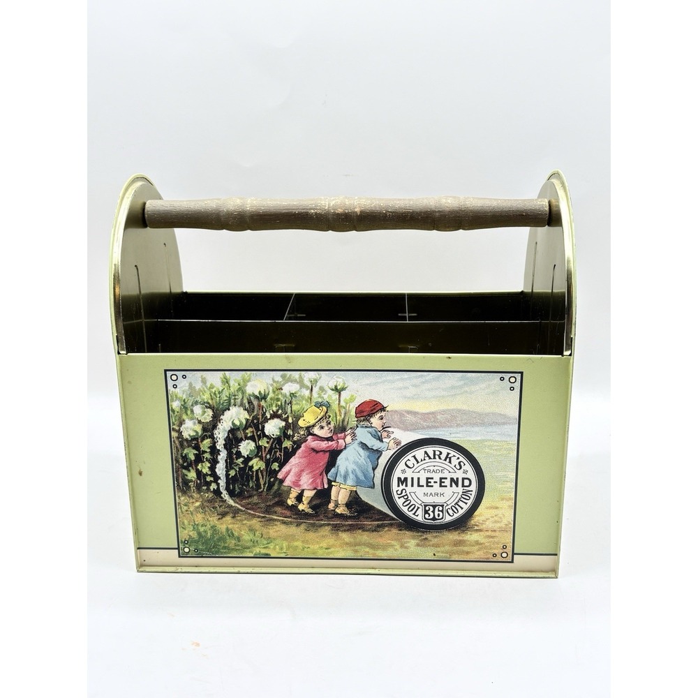 Vintage Clarks Mile-End Spool Cotton Tin Sewing Caddy Desk Organizer Wood Handle